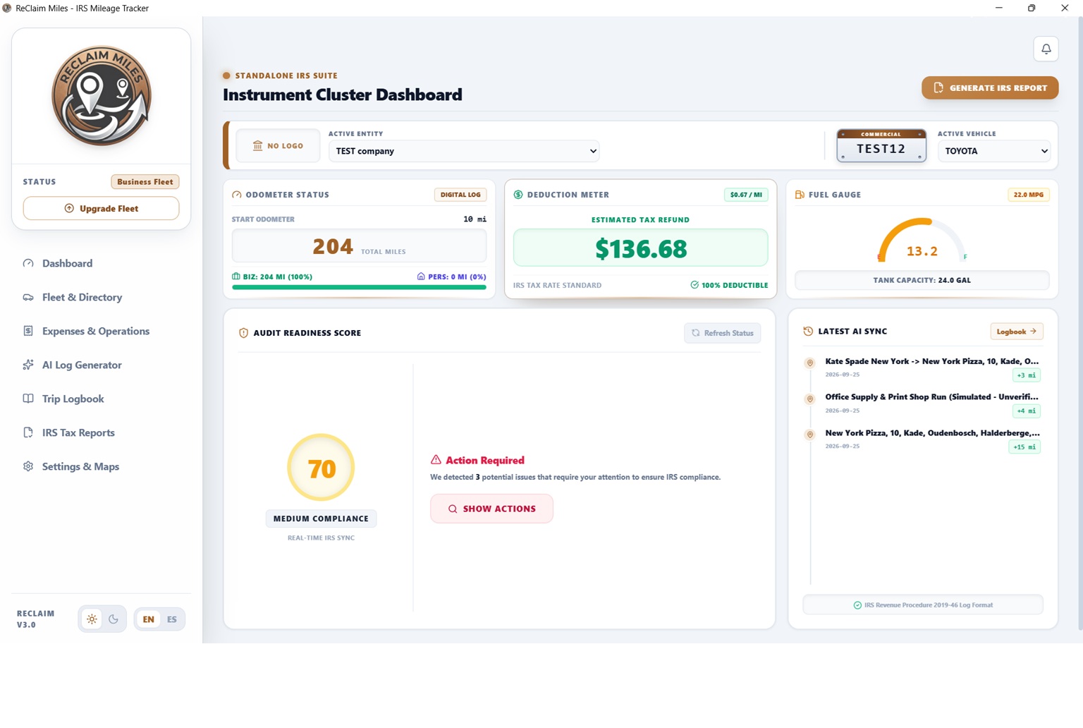 The ReClaim Miles desktop dashboard showing fleet mileage totals and deduction summaries